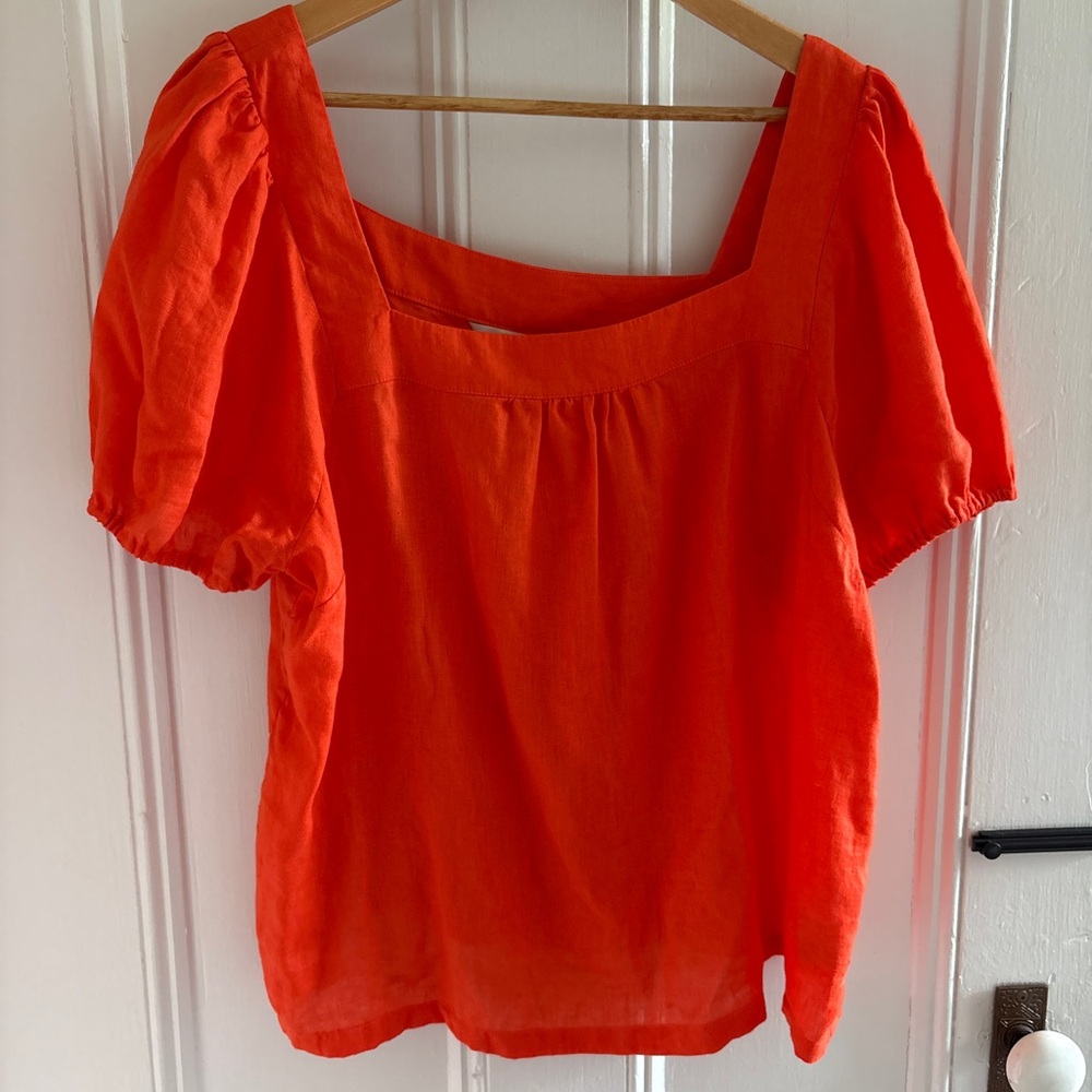 Boden Square Neck Puff Sleeve Linen Blouse in Orange/Red - Size 14